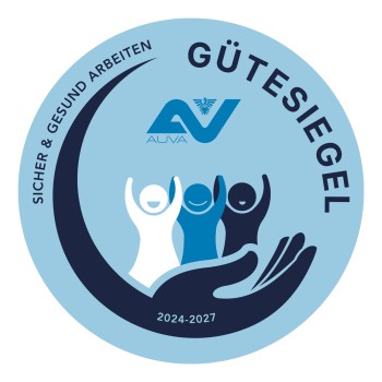 AUVA-Gütesiegel 2024–2027 für sicheres und gesundes Arbeiten, mit stilisierter Hand und drei Personen in unterschiedlichen Farben